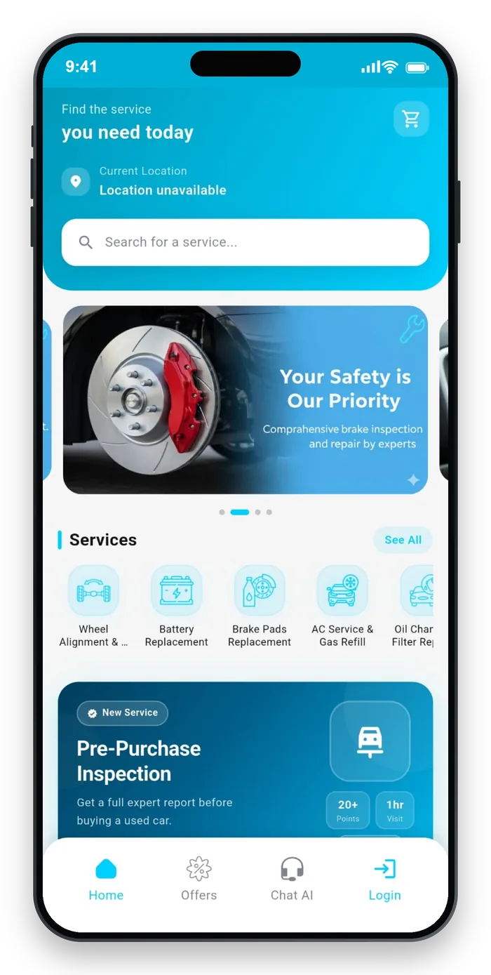 InstaFix app screens: booking a car service and tracking the technician live